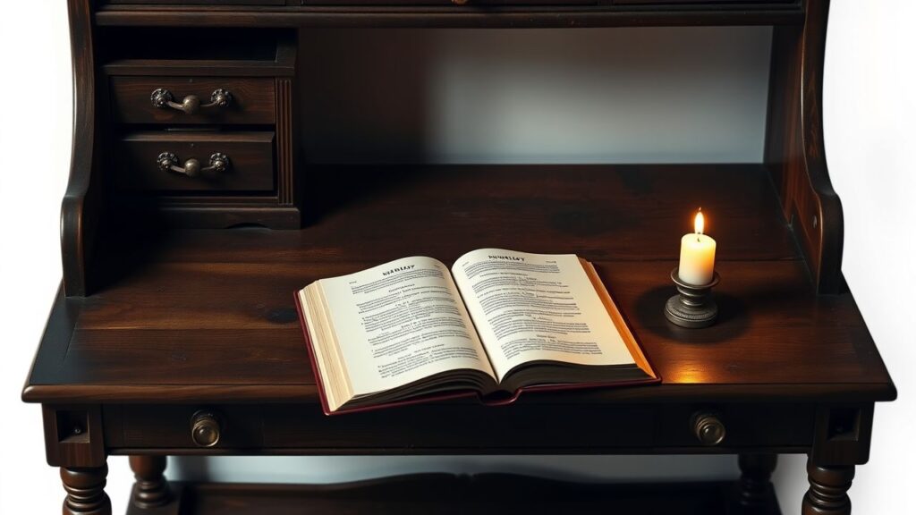 Een vintage houten bureau met een open numerologie boek en een brandende kaars.