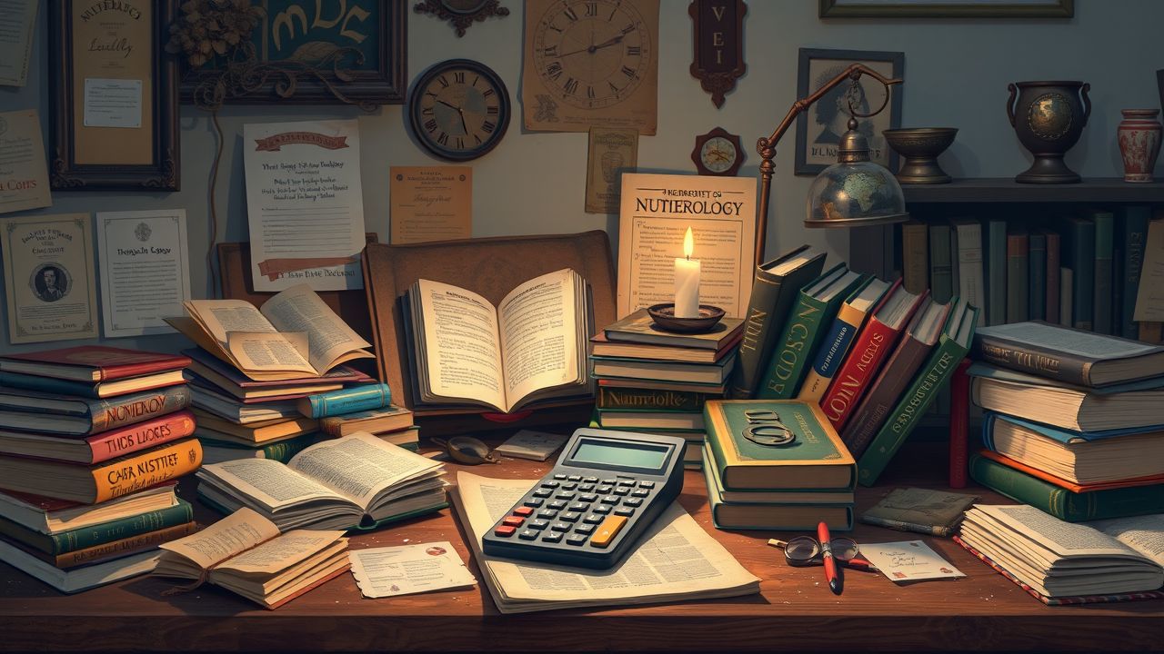 Een rommelig bureau met numerologieboeken en vintage decoraties.