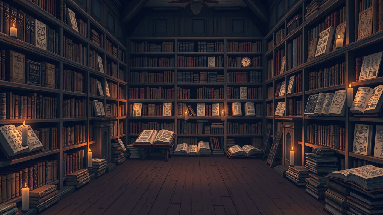 Een historische bibliotheek met oude boeken over numerologie en mystieke symbolen. Een historische bibliotheek met oude boeken over numerologie en mystieke symbolen.