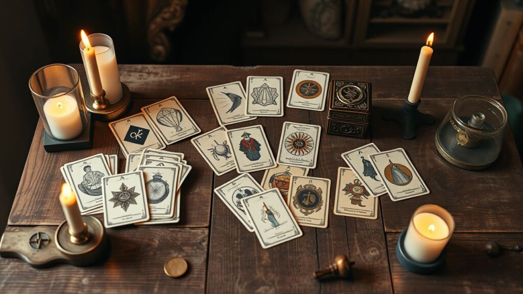 Een verzameling oude tarot- en Lenormandkaarten op een verweerde houten tafel.
