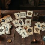 Een verzameling oude tarot- en Lenormandkaarten op een verweerde houten tafel.
