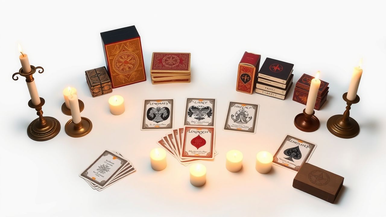 Een tafel met verschillende kaartspellen en kaarslicht.