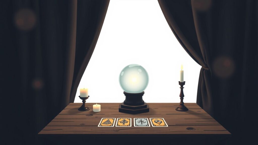 Een kristallen bol omringd door kaarsen en tarotkaarten op een tafel.