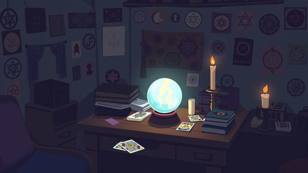 Een spiritueel bureau met een kristallen bol, tarotkaarten en een kaars.