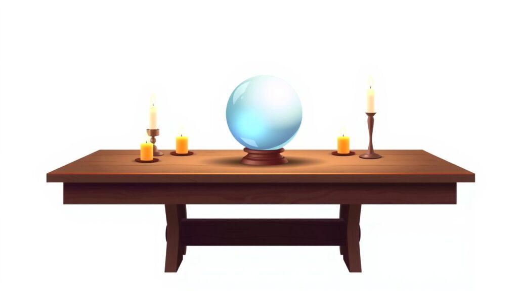 Een kristallen bol op een houten tafel met kaarsen.