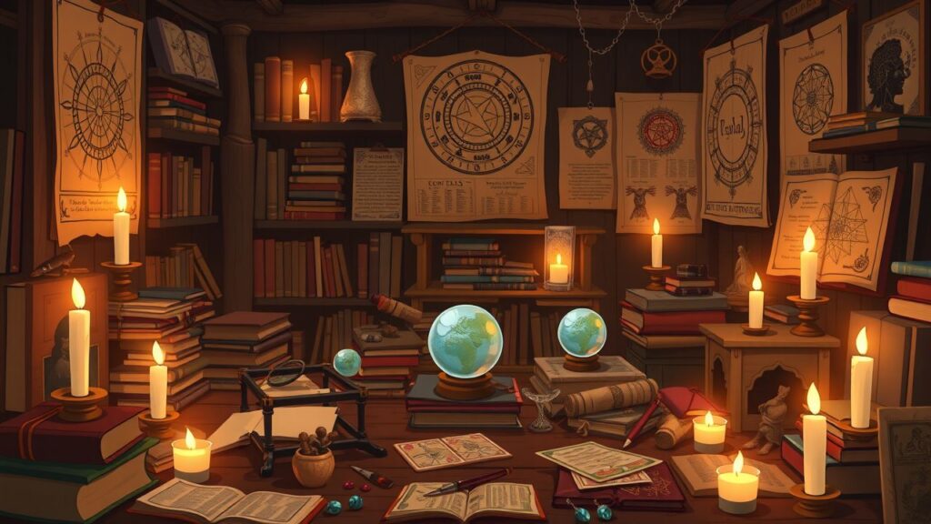 Een rommelige kamer vol met oude boeken en mystieke voorwerpen.