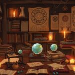 Een rommelige kamer vol met oude boeken en mystieke voorwerpen.