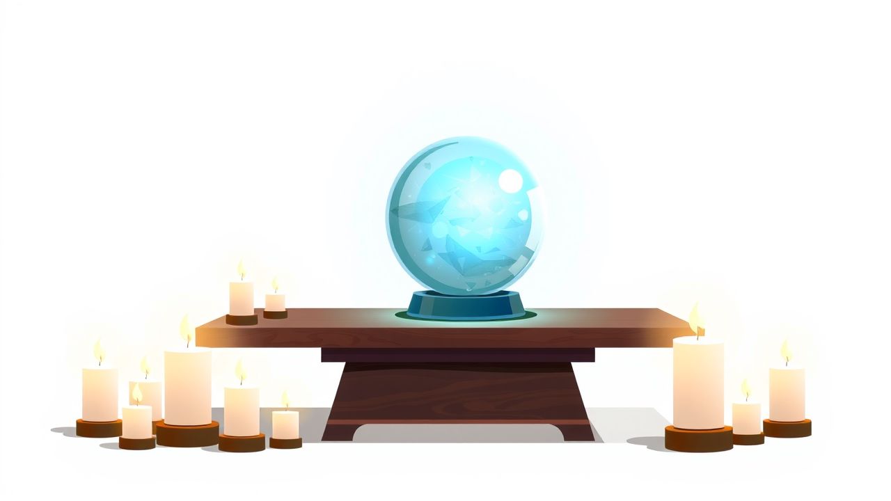 Een mystieke kristallen bol rustend op een houten tafel. Een mystieke kristallen bol rustend op een houten tafel.