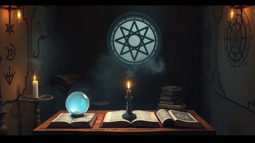 Een mystieke kamer met een kristallen bol, oude boeken en symbolen.