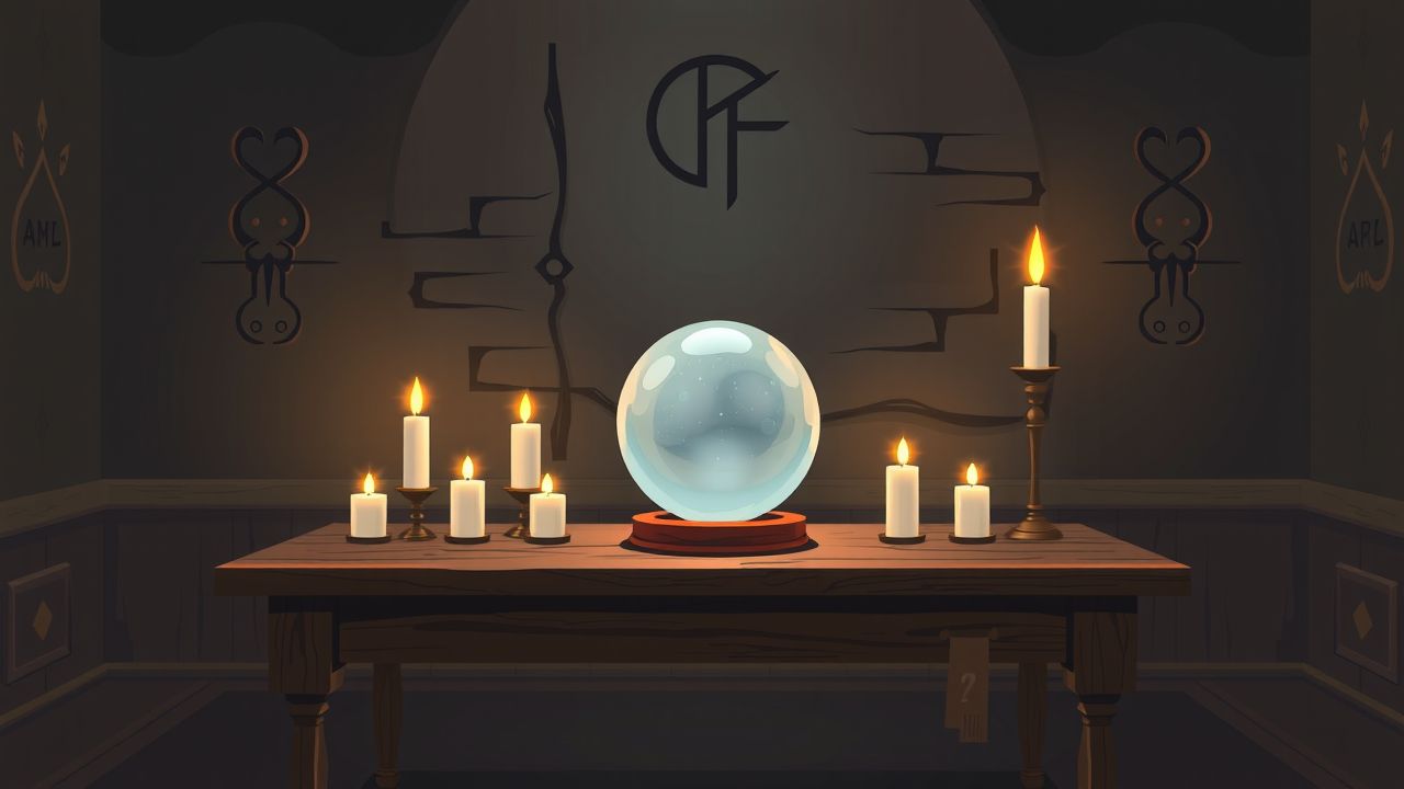 Een houten tafel met een kristallen bal en kaarsen. Een houten tafel met een kristallen bal en kaarsen.