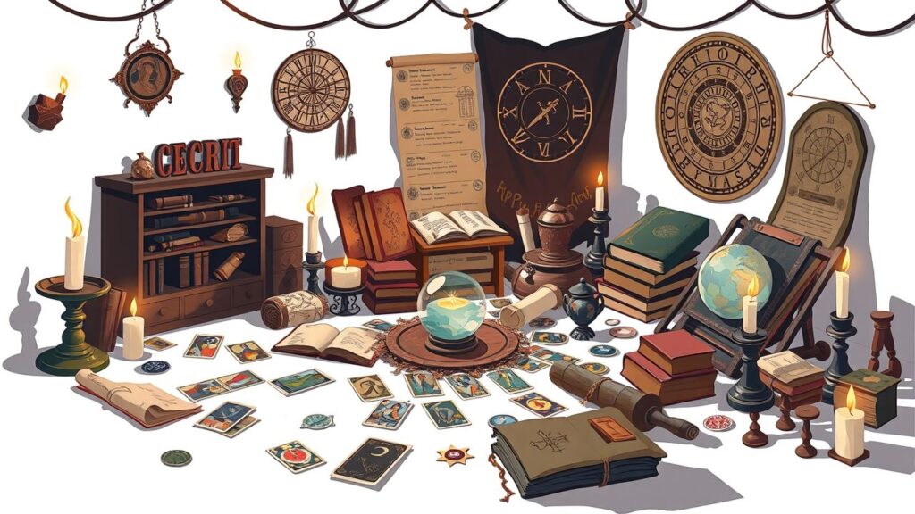 Een rommelige kamer gevuld met mystieke artefacten en oude boeken.