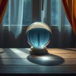 Een kristallen bal op een houten tafel met kleurrijke gordijnen.