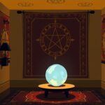 Een gezellige kamer met een grote kristallen bol en mystieke decoraties.