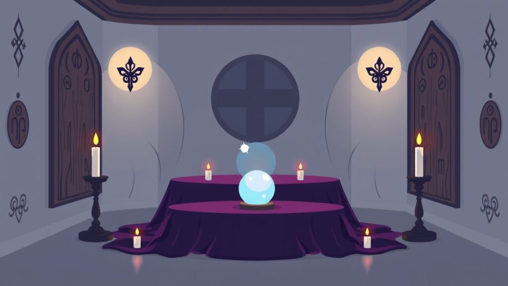 Een mystieke ruimte met een kristallen bal en kaarsen.