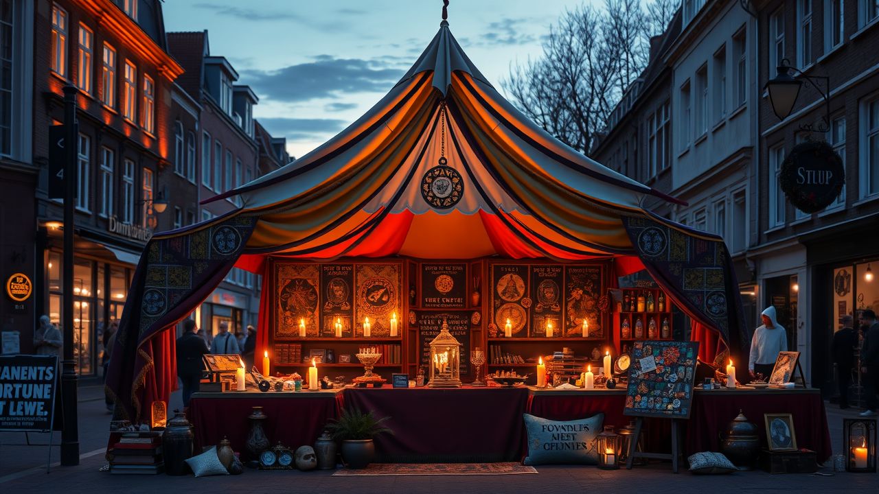 Een mystieke waarzegsterstent op een drukke straatmarkt in Beverwijk. Een mystieke waarzegsterstent op een drukke straatmarkt in Beverwijk.