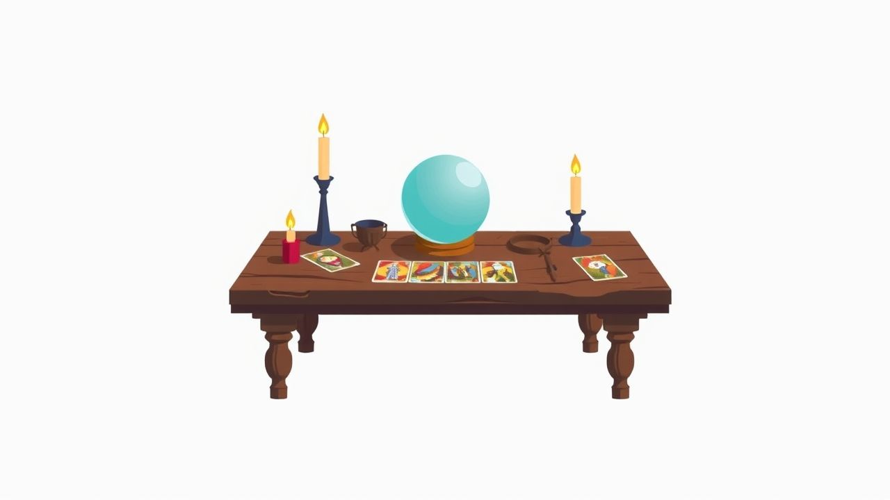 Een mystieke setting met een kristallen bol, tarotkaarten en kaarsen.