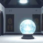 Een glanzende kristallen bol in een mysterieuze torenkamer.