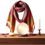 Een prachtige bohemien sjaal draperen over een kristallen bal op een houten tafel.