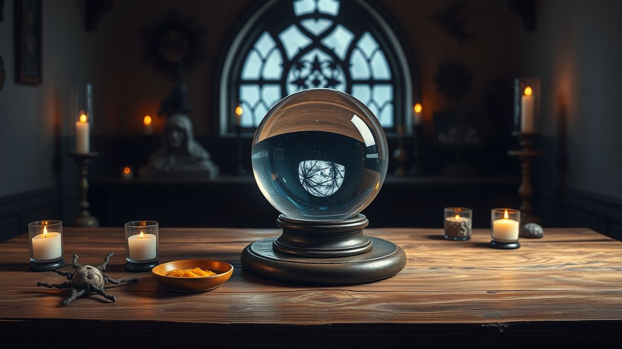 Een kristallen bol op een houten tafel in een mystieke setting. Een kristallen bol op een houten tafel in een mystieke setting.