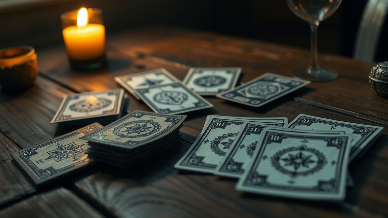 Op een houten tafel liggen verschillende waarzegkaarten in een flat design-stijl. Op een houten tafel liggen verschillende waarzegkaarten in een flat design-stijl.