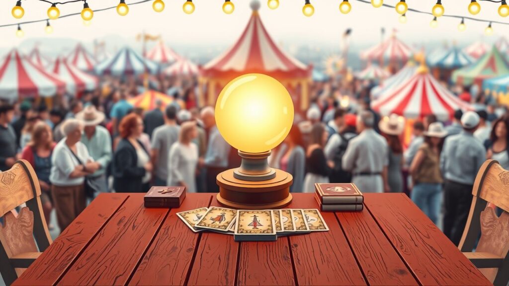 Een flat design waarzeggerskraam op een levendige kermis.