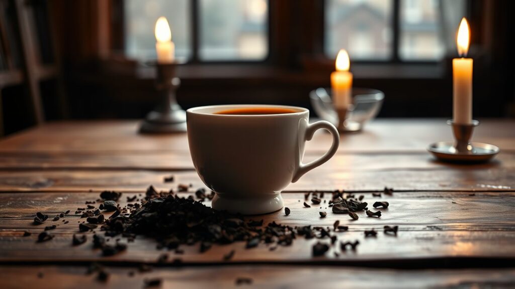 Een oude houten tafel met een porseleinen koffiekop en gedroogde koffiedrab.