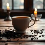 Een oude houten tafel met een porseleinen koffiekop en gedroogde koffiedrab.