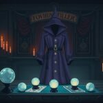 Een mystieke waarzegger outfit op display in een betoverende ruimte.