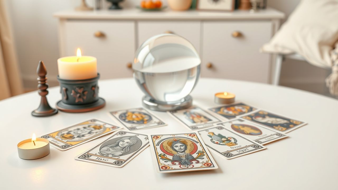 Een mystiek tarotkaartspel met kaarsen en kristallen bal.