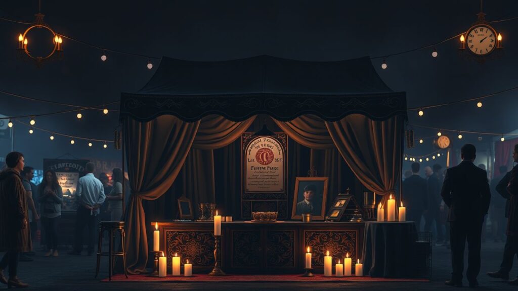 Een vintage-stijl waarzegster tent met mystieke decoraties op een druk evenement.