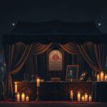 Een vintage-stijl waarzegster tent met mystieke decoraties op een druk evenement.