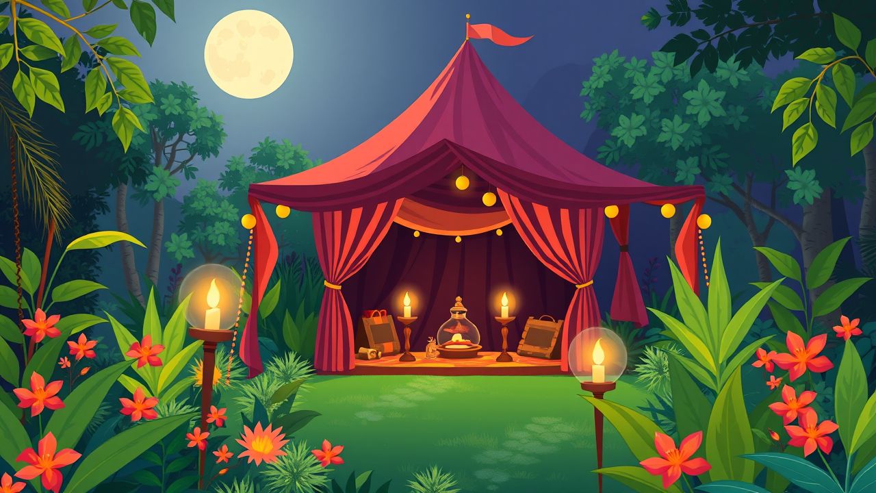 Een betoverende tent in een weelderige tuin, omringd door exotische planten. Een betoverende tent in een weelderige tuin, omringd door exotische planten.