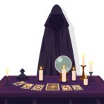 Een fortune teller's tafel met kristallen bal en tarotkaarten.