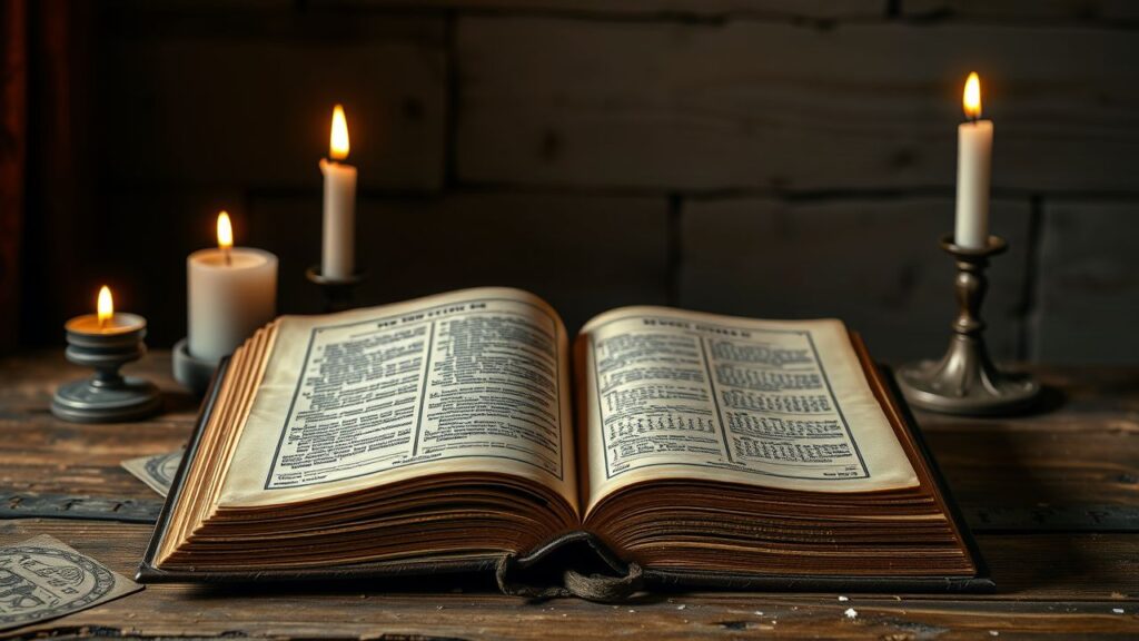 Een oude, verweerde boek open op een houten tafel.