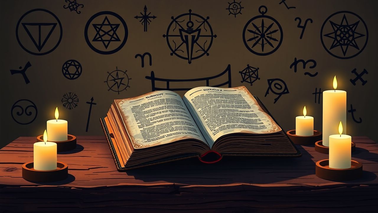 Een oude, versleten boek over numerologie ligt open op een ruwe houten tafel in een schemerige kamer, omringd door kaarsen en mysterieuze symbolen op de muren. Een oude, versleten boek over numerologie ligt open op een ruwe houten tafel in een schemerige kamer, omringd door kaarsen en mysterieuze symbolen op de muren.