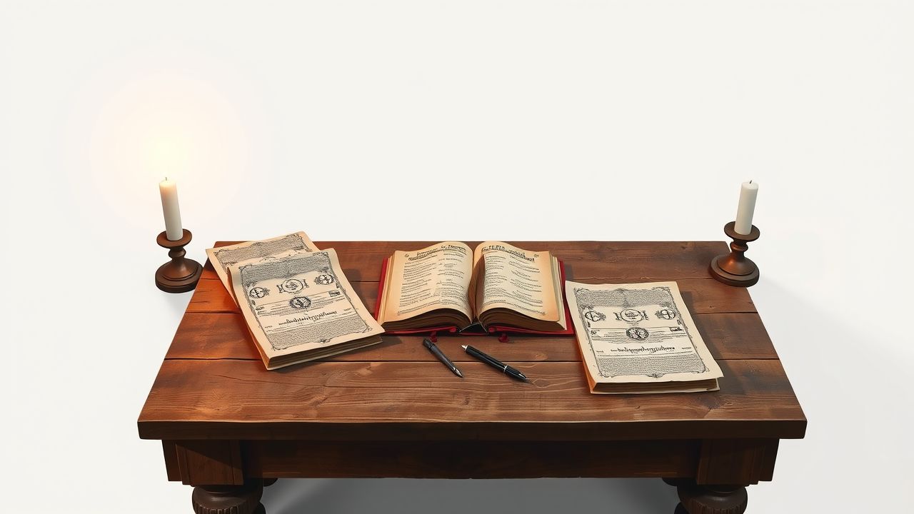 Een tafel met oude rollen en boeken, verlicht door kaarslicht.