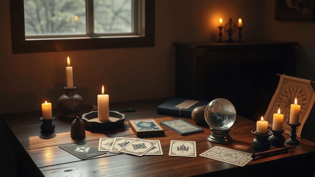 Een mystieke tafel met tarotkaarten, een kristallen bol en een handleeskunde diagram.