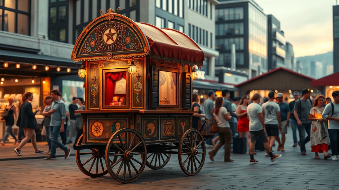 Een traditionele woonwagen van een waarzegster staat op een moderne markt. Een traditionele woonwagen van een waarzegster staat op een moderne markt.