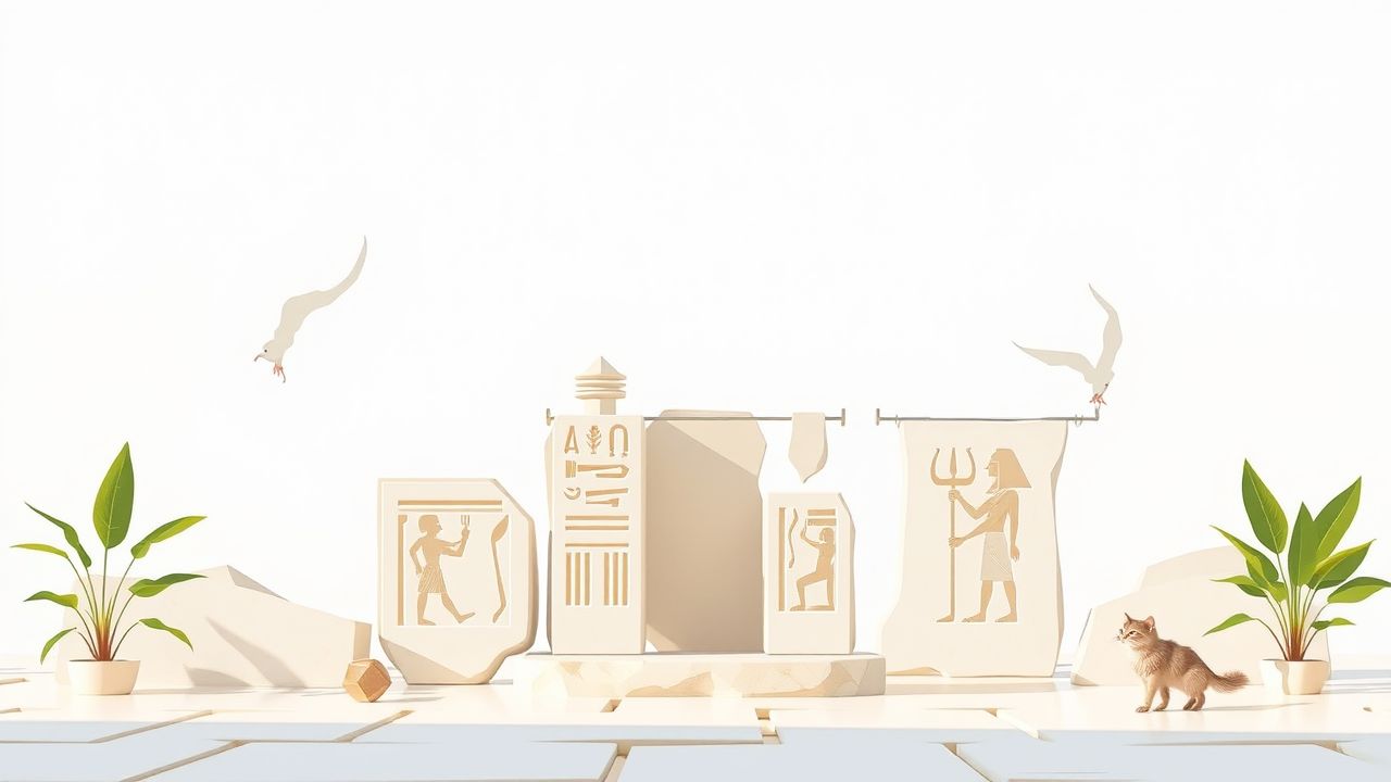 Een afbeelding van oude Egyptische hiërogliefen op steen met geometrische vormen.