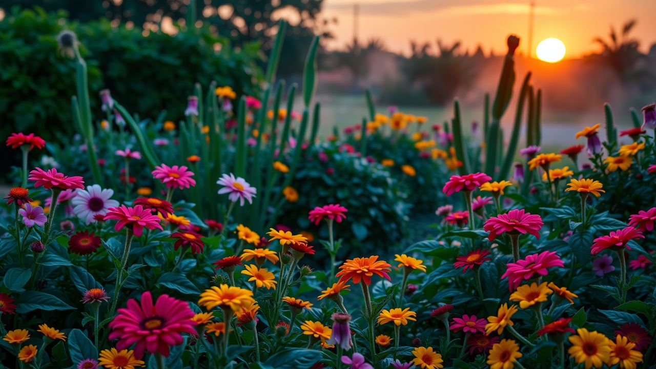 Een levendige tuin vol kleurrijke bloemen en planten in de avondschemering.