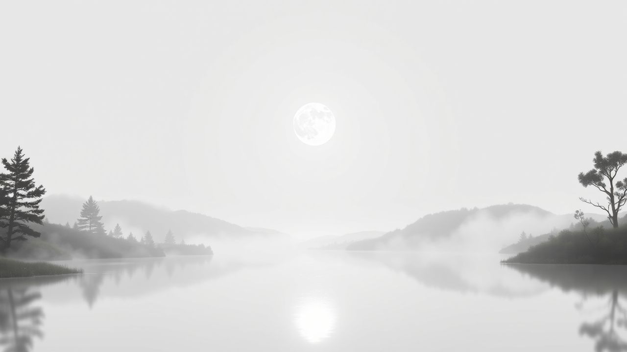 Een sereen landschap met een rustig meer, omringd door bomen en mystieke symbolen.