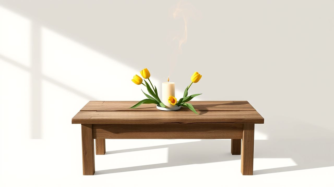 Een houten tafel met een brandende kaars en gele tulpen.