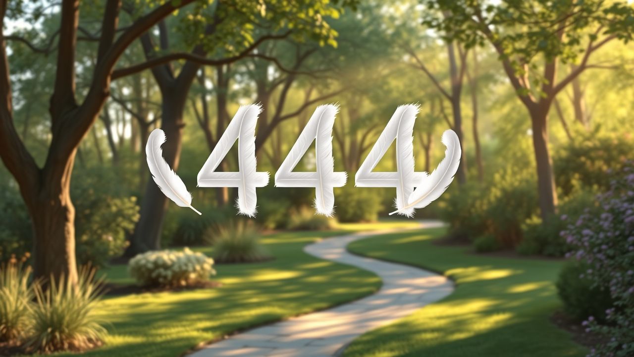 Een rustige tuin met de vorm van het nummer 444 gevormd door vier witte veren.