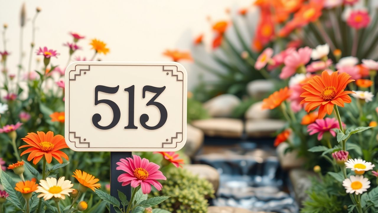 Een huisnummerbord in een rustige tuin met bloemen en stromend water.