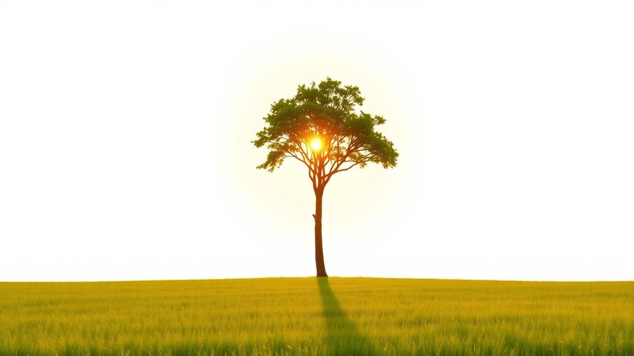 Een enkele boom staat centraal in een vredig landschap bij zonsondergang.