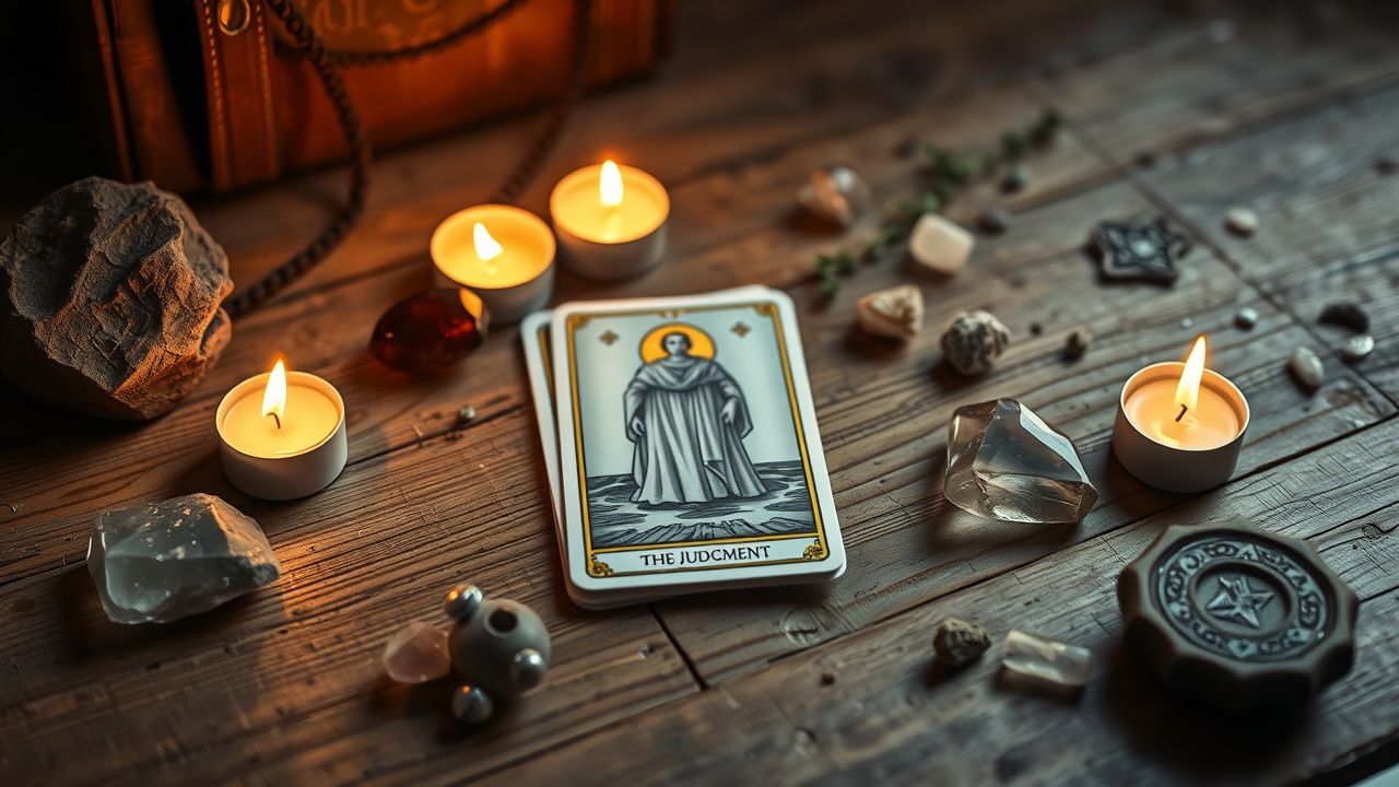 Een rustieke tafel met tarotkaarten, kristallen en kaarsen.