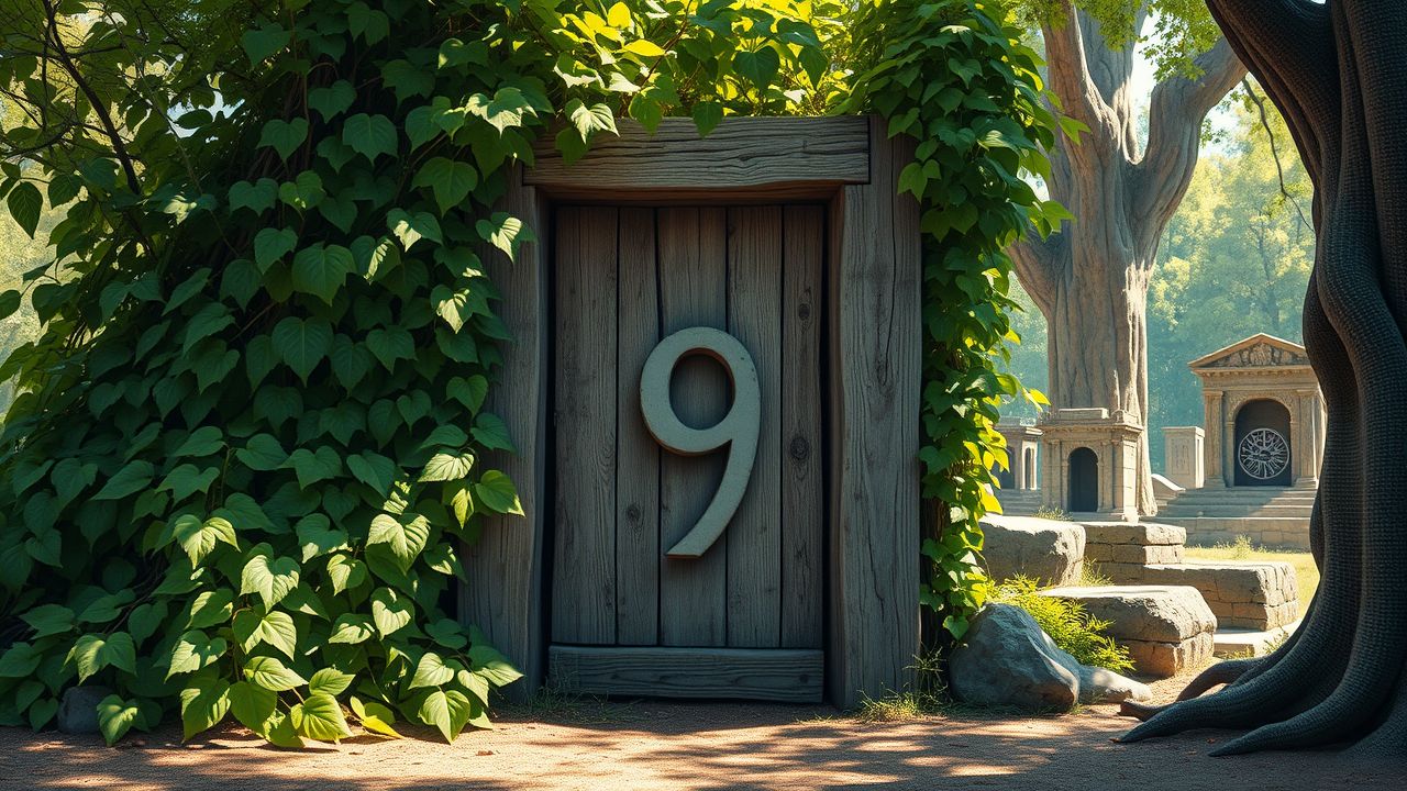 Een oude houten deur met het nummer 9 omringd door overwoekerde natuur.
